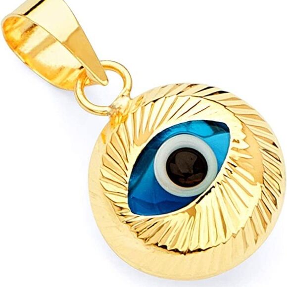 14k Real Yellow Gold Evil Eye Fluted Charm Pendant | evil eye charm | birthday | - Picture 4 of 5